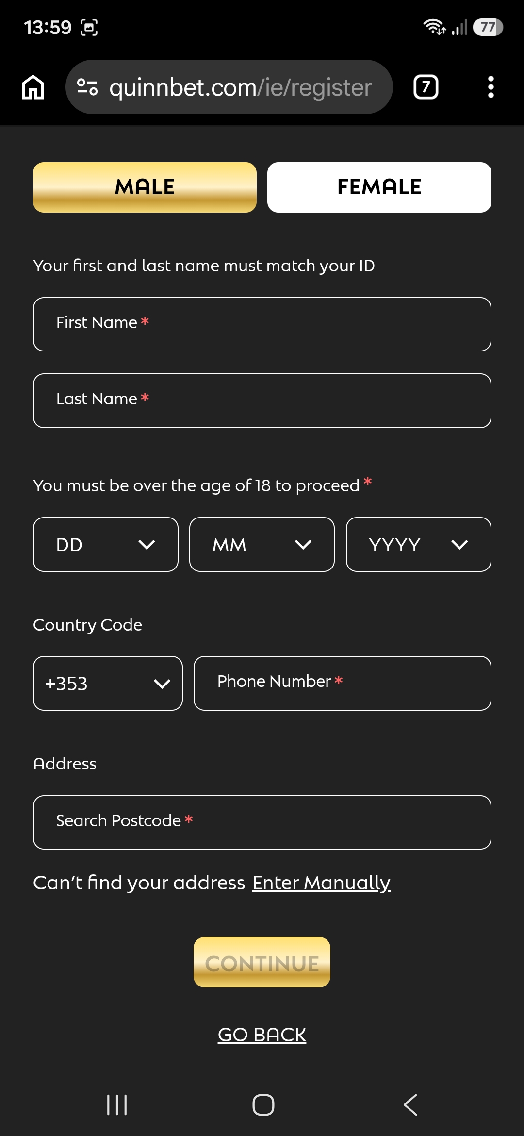 QuinnBet registration