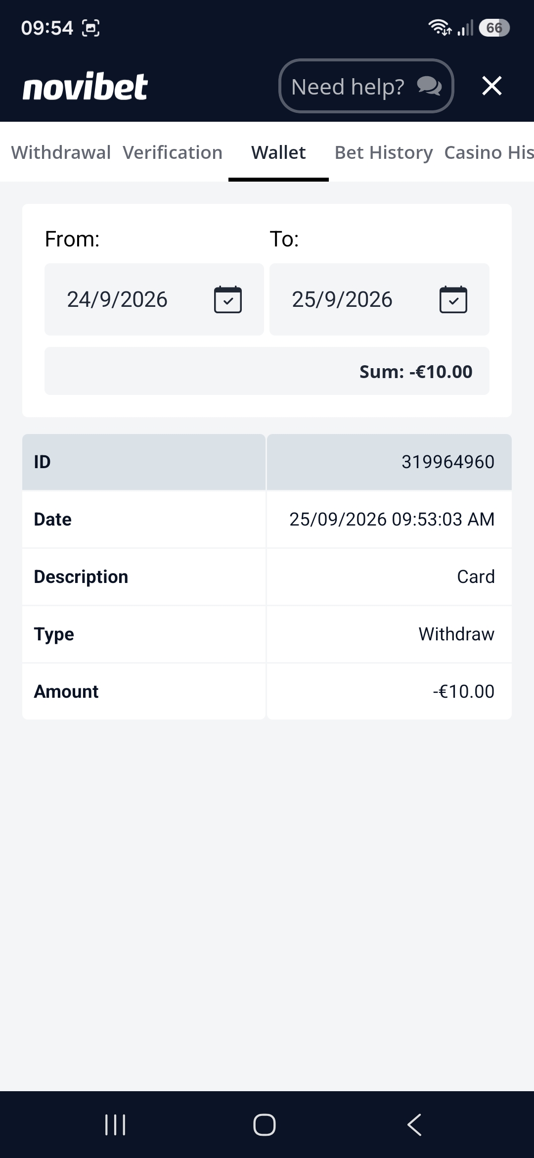 Novibet transaction receipt