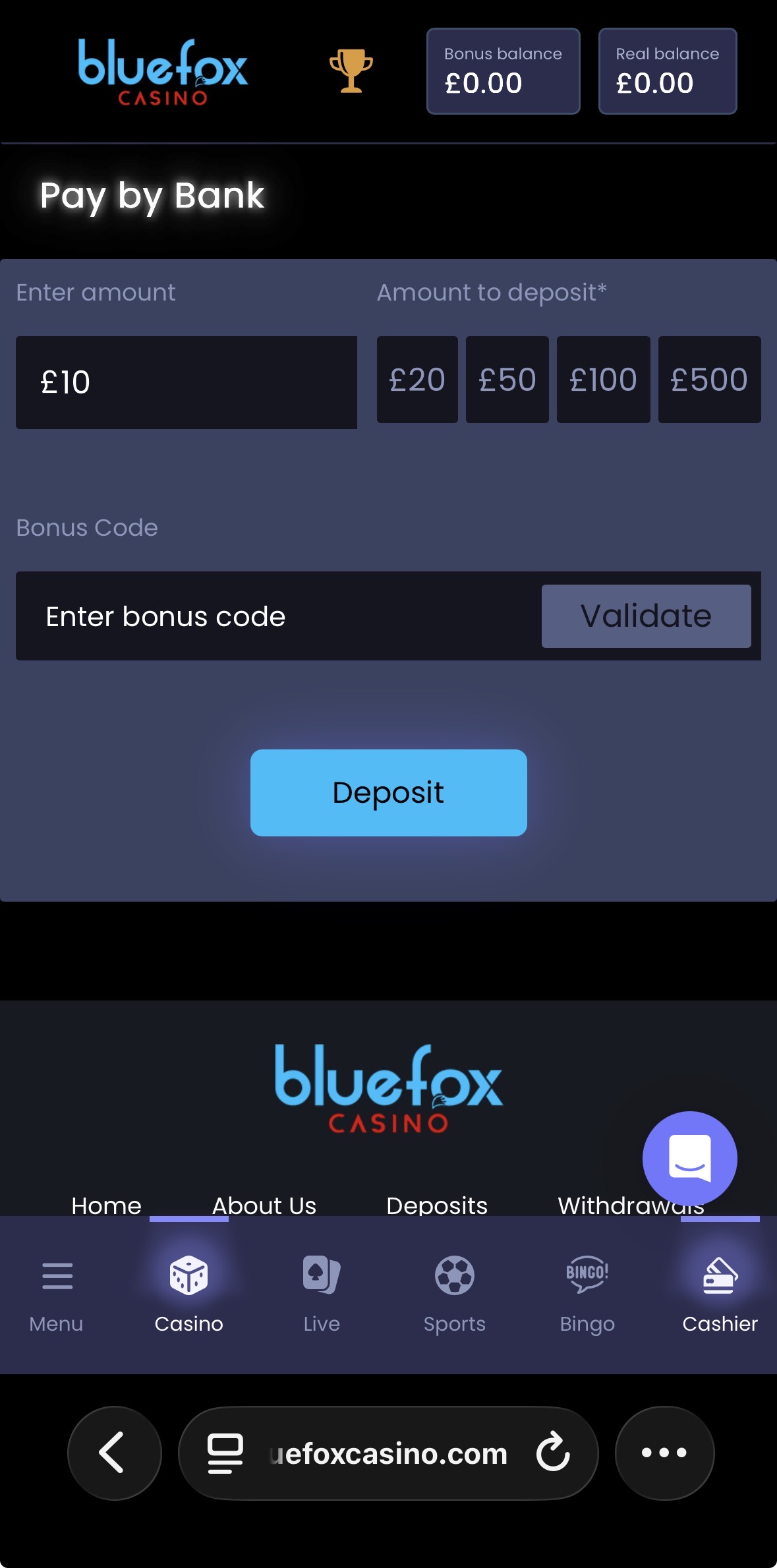 Bluefox Sports Deposit 3