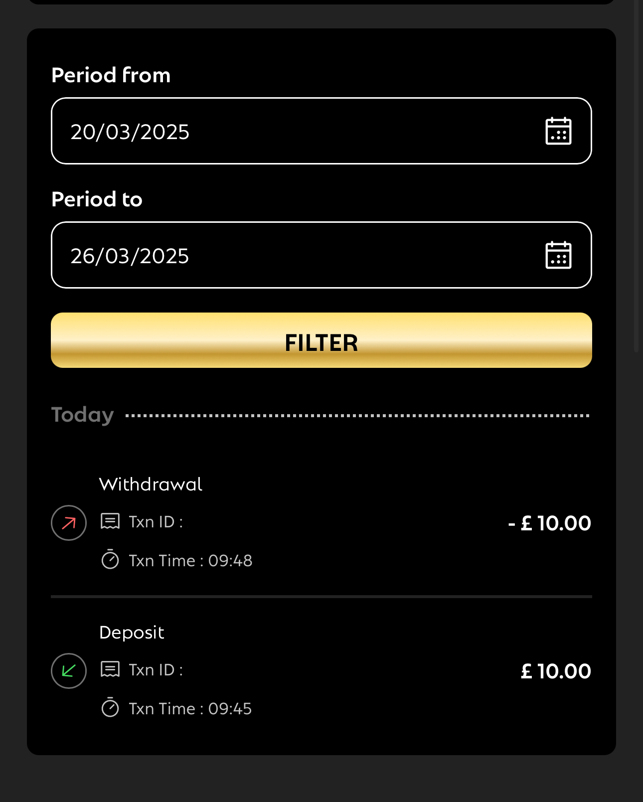 QuinnBet Transaction History