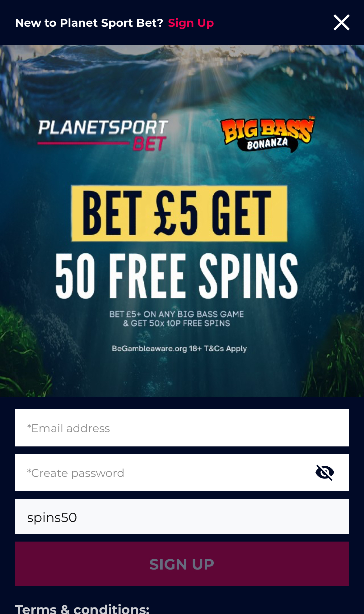 Planet Sport Bet Sign Up Page