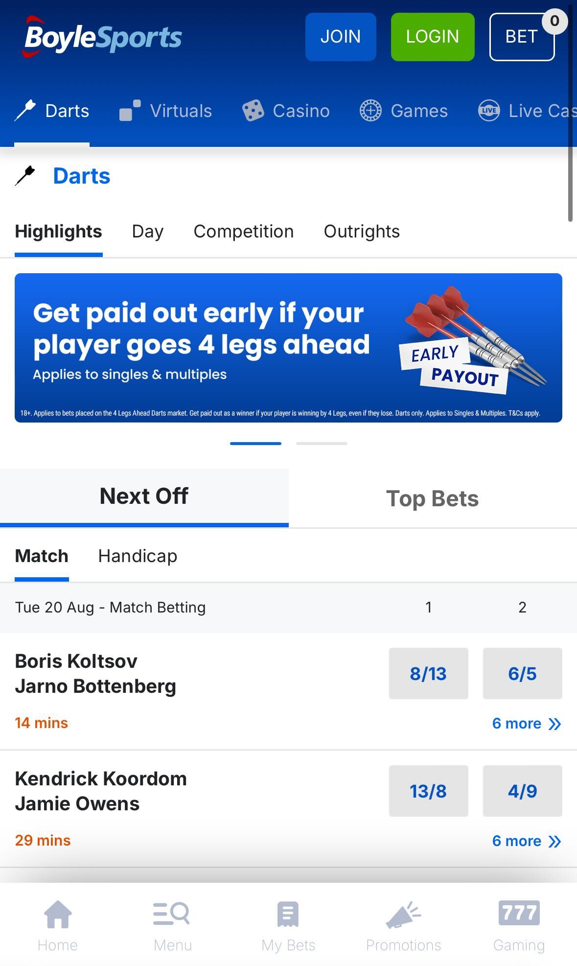 BoyleSports mobile darts betting UK