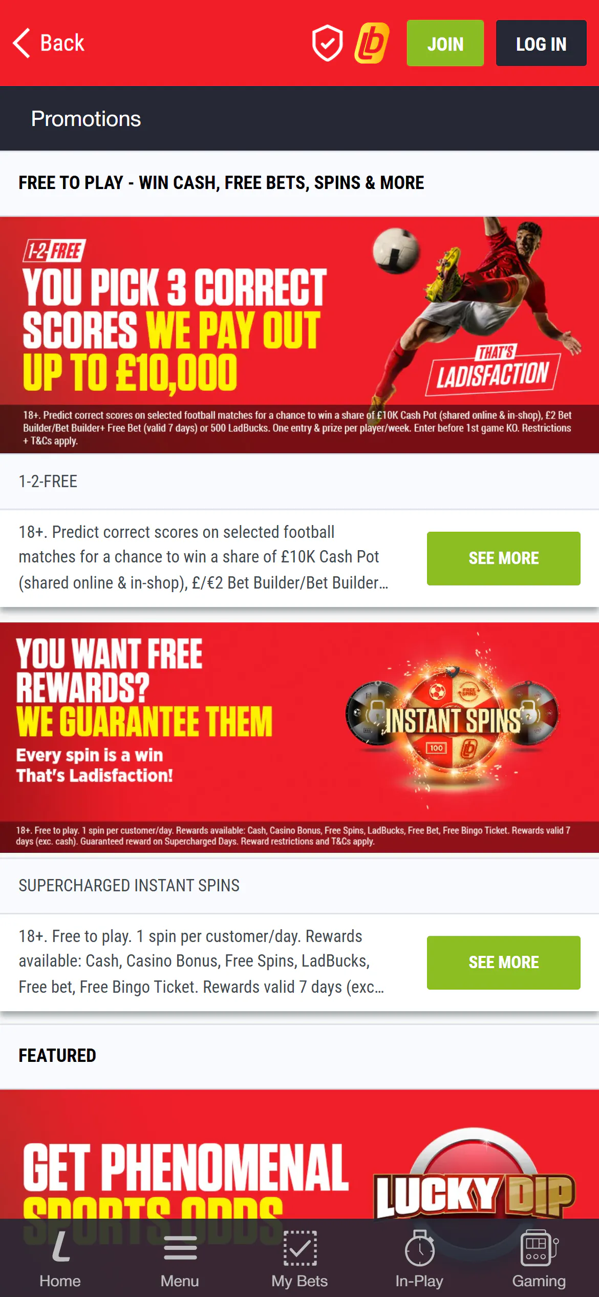 Ladbrokes 1-2-free promotion menu