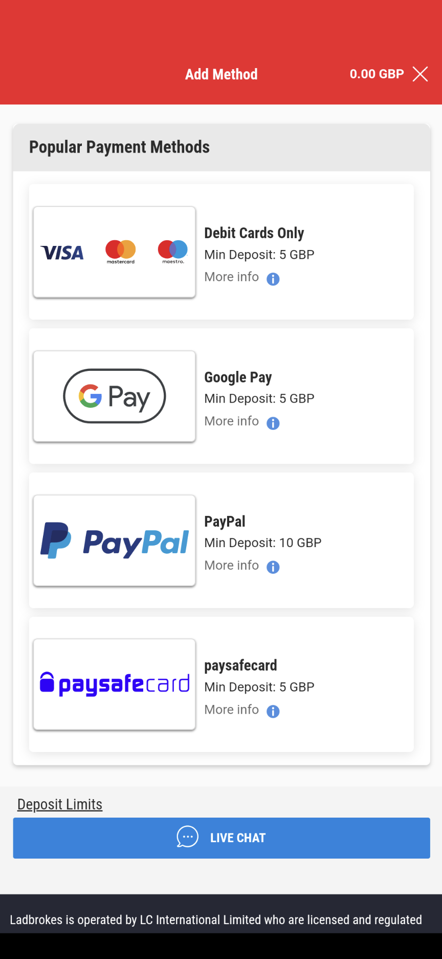 Ladbrokes app payment methods