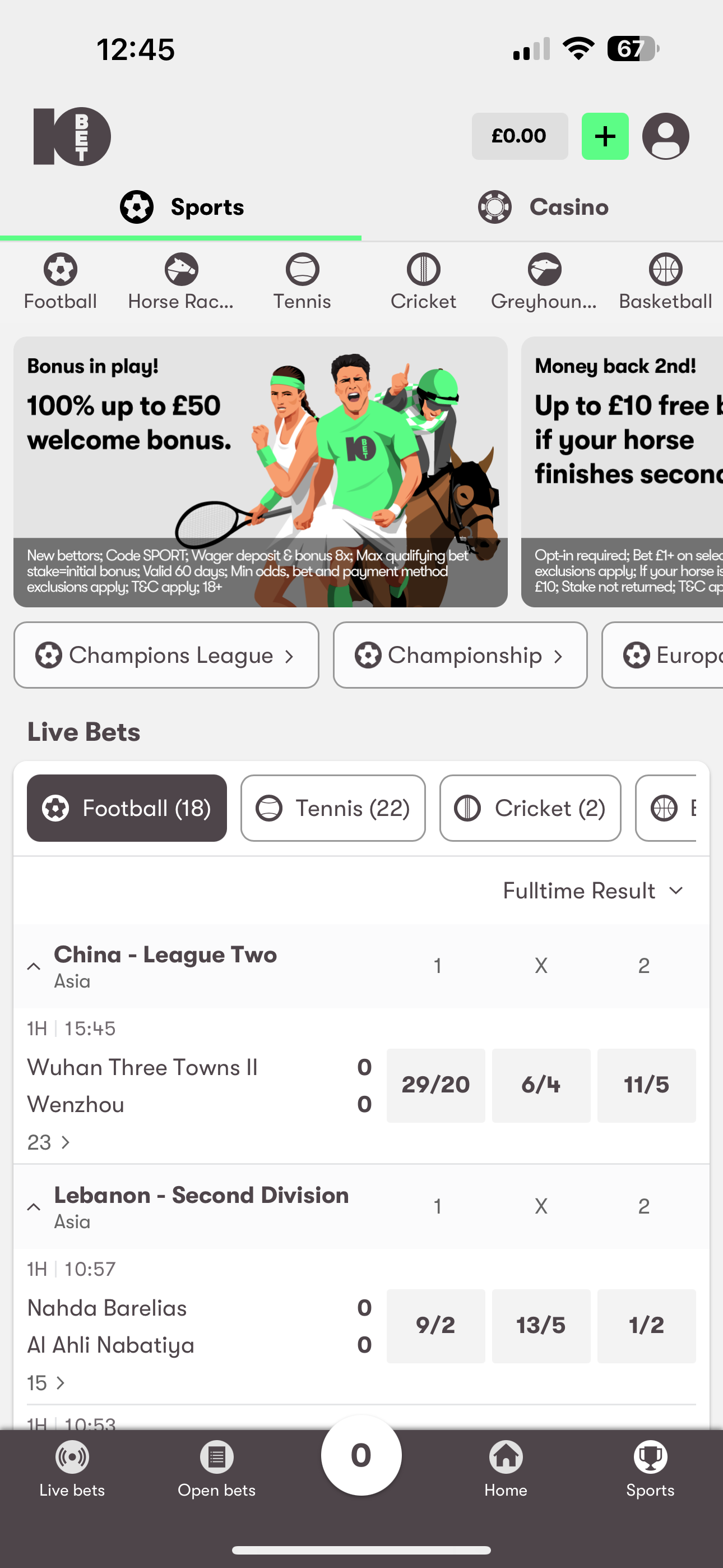 10Bet Home Screen