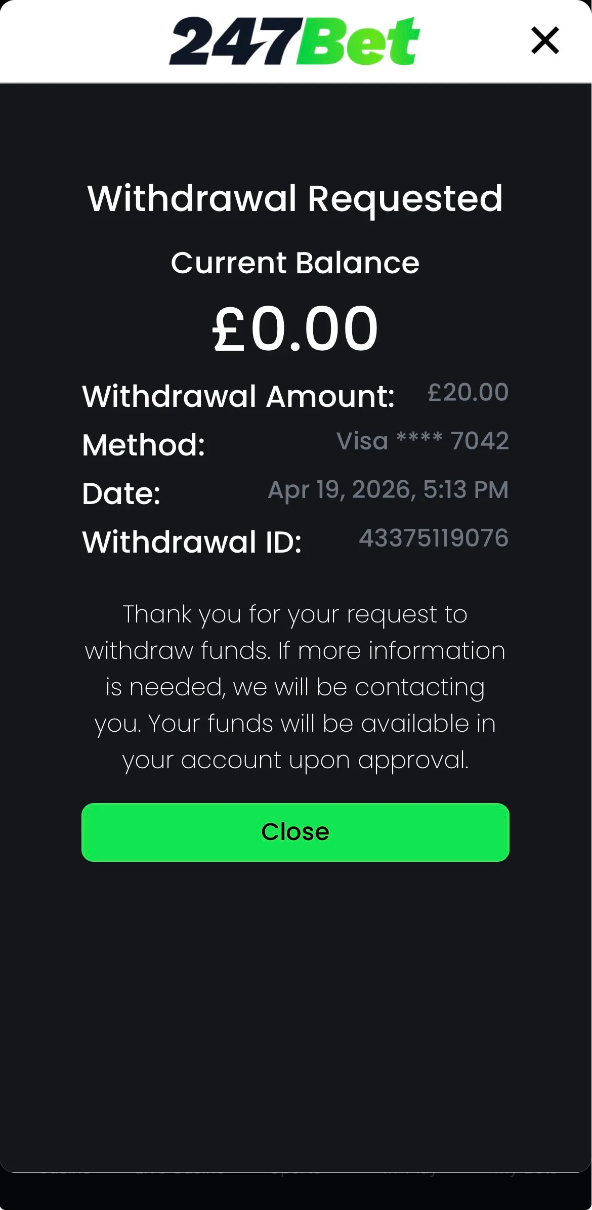 247bet app withdrawal requested