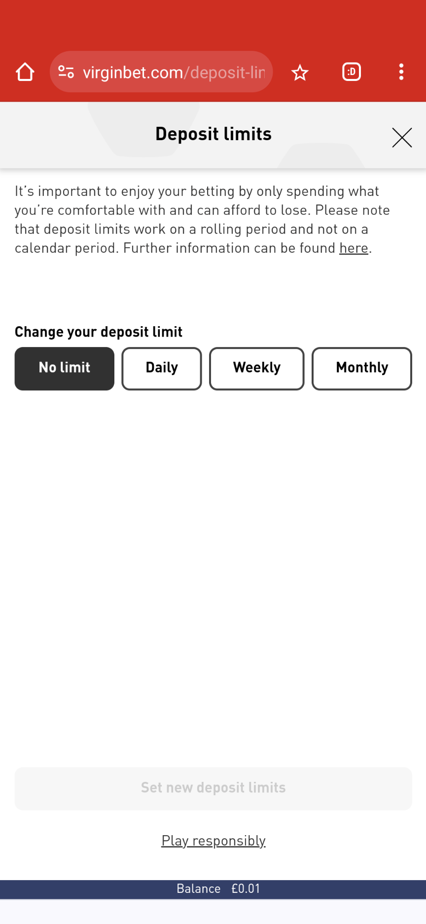 Virgin Bet Deposit limit
