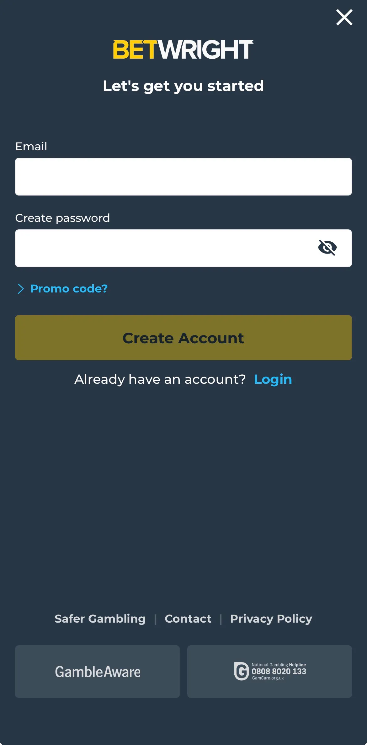 Betwright sign up screen