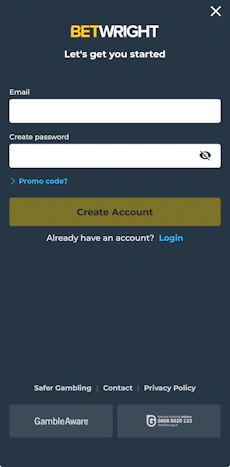 Betwright sign up screen