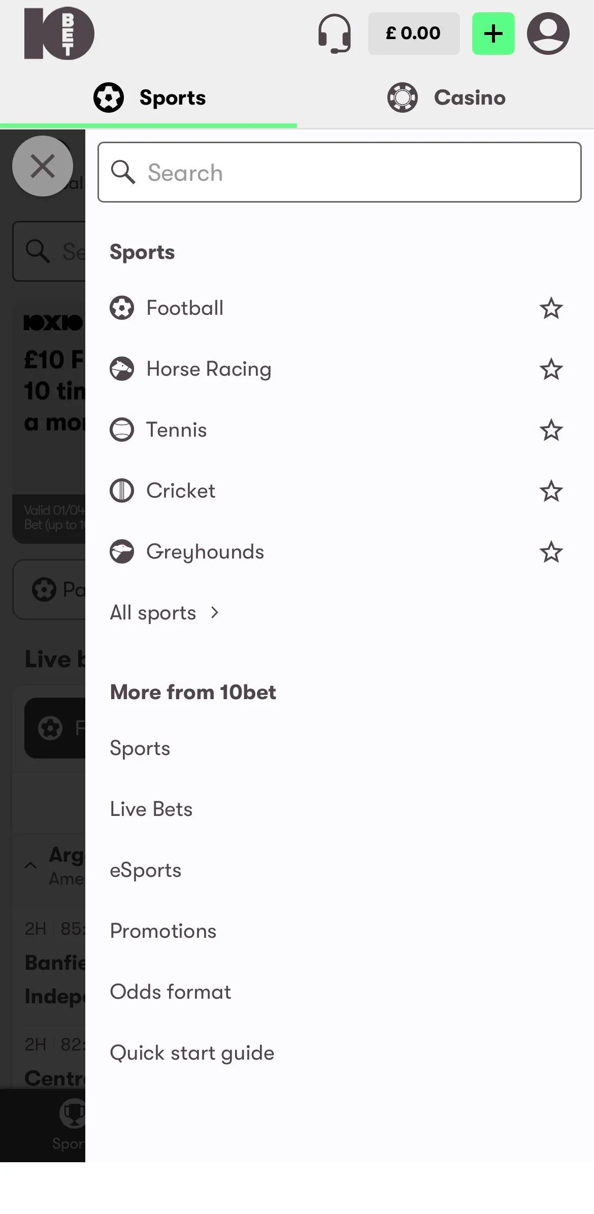 10bet app sports menu