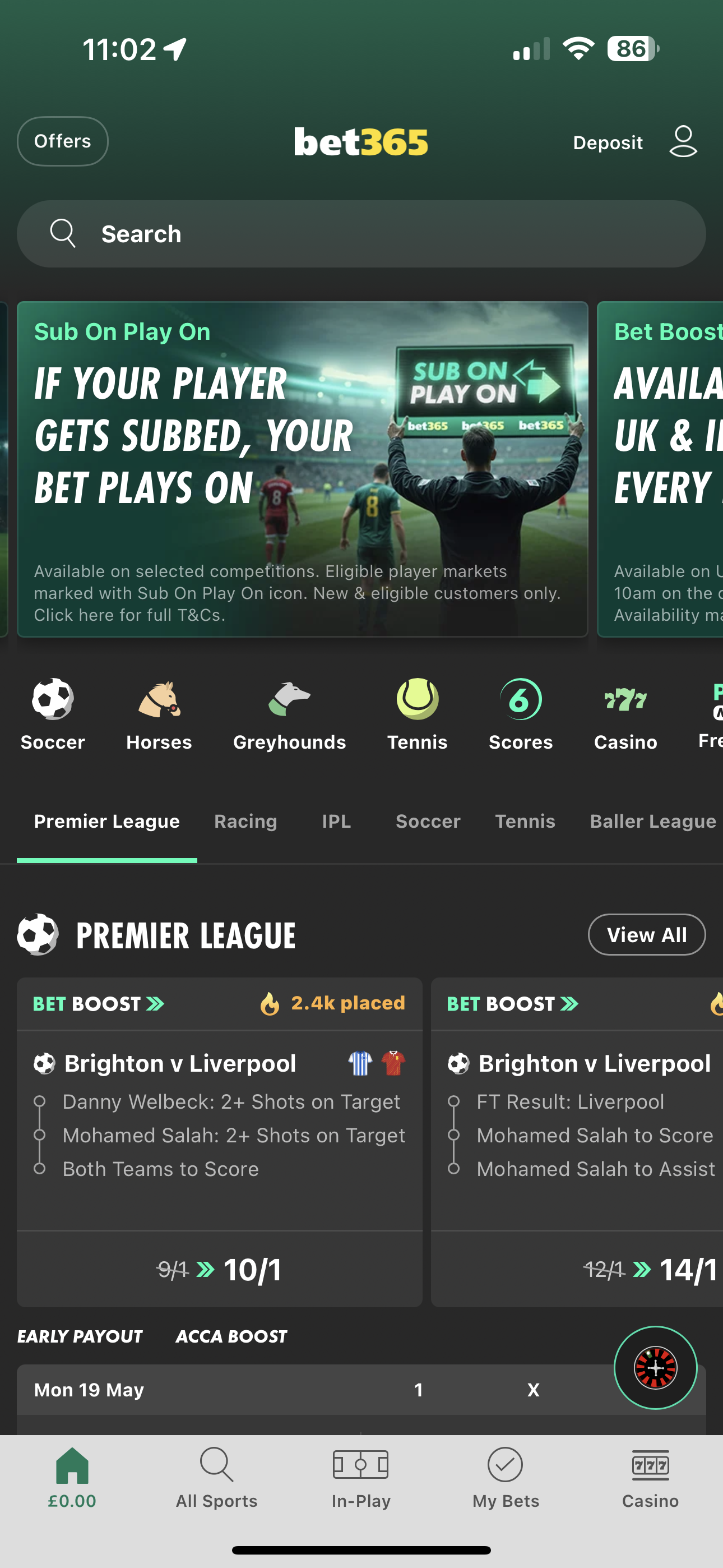 Bet365 Sub On Play On home