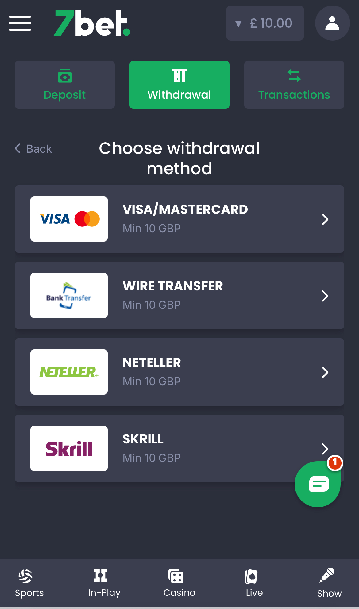 7Bet Withdrawal - Options