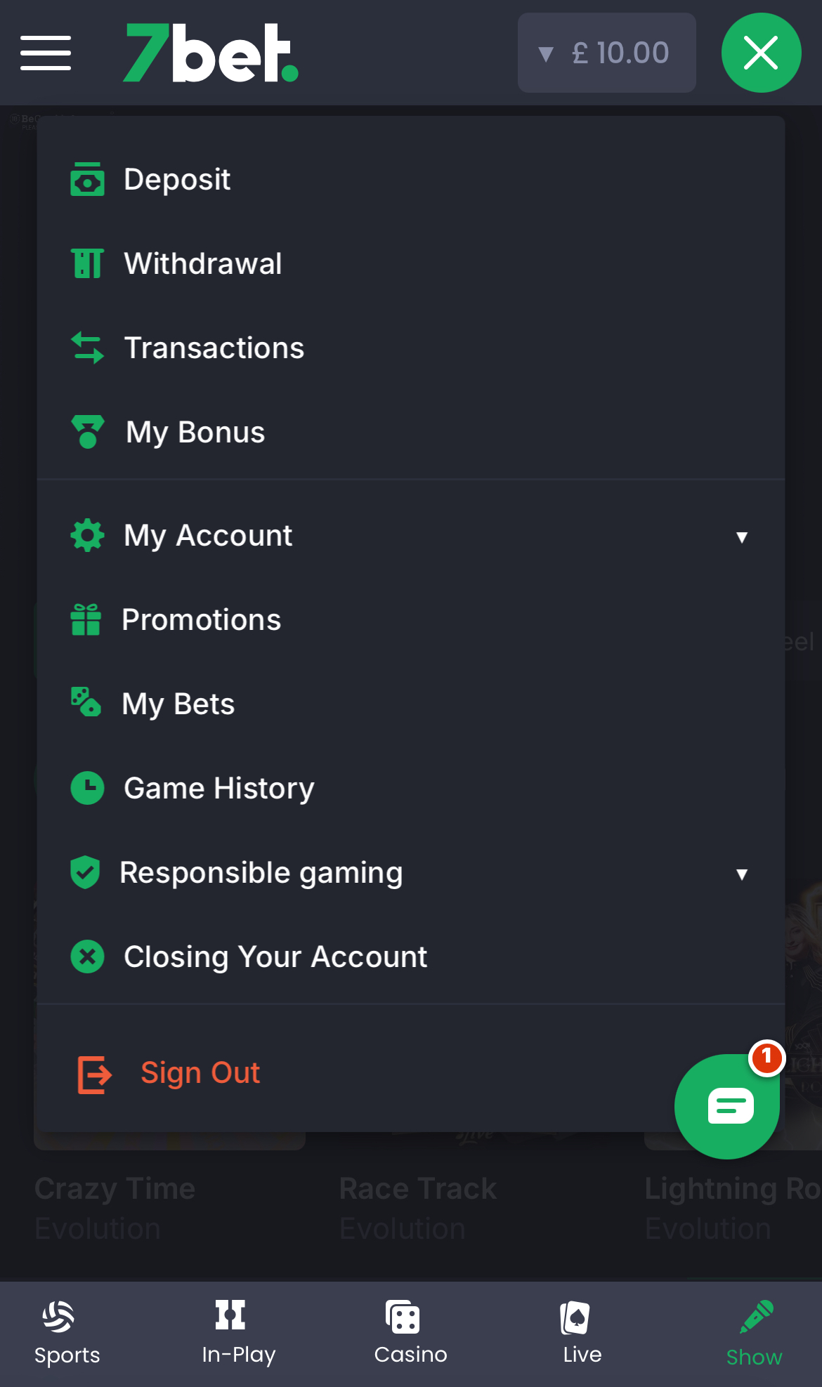 7Bet Withdrawal - Menu