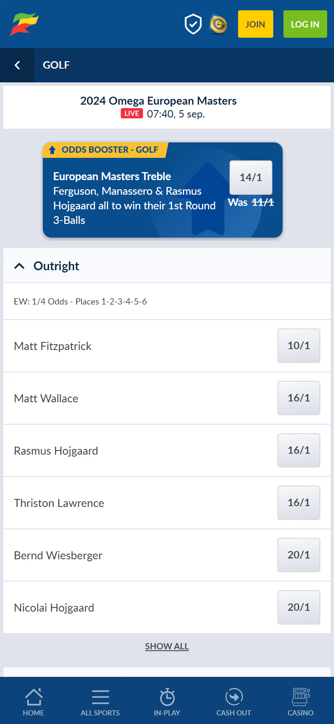 Coral golf betting