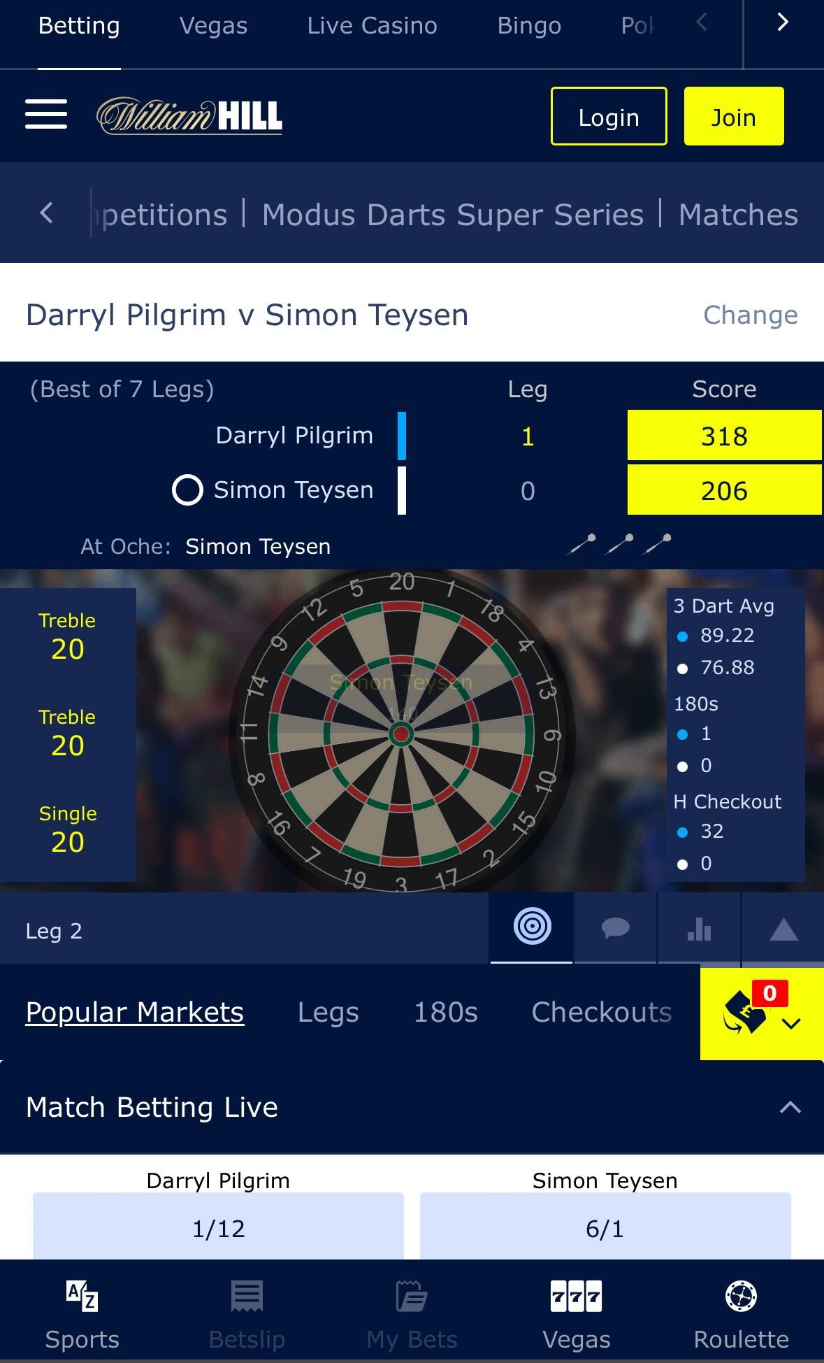 William Hill mobile darts betting UK