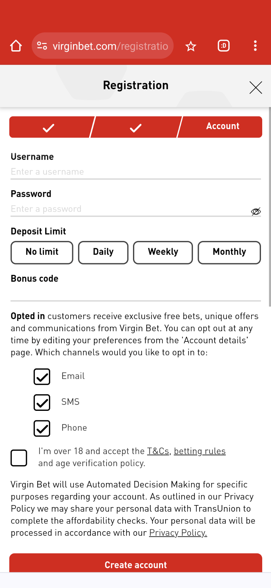 Virgin Bet Registration