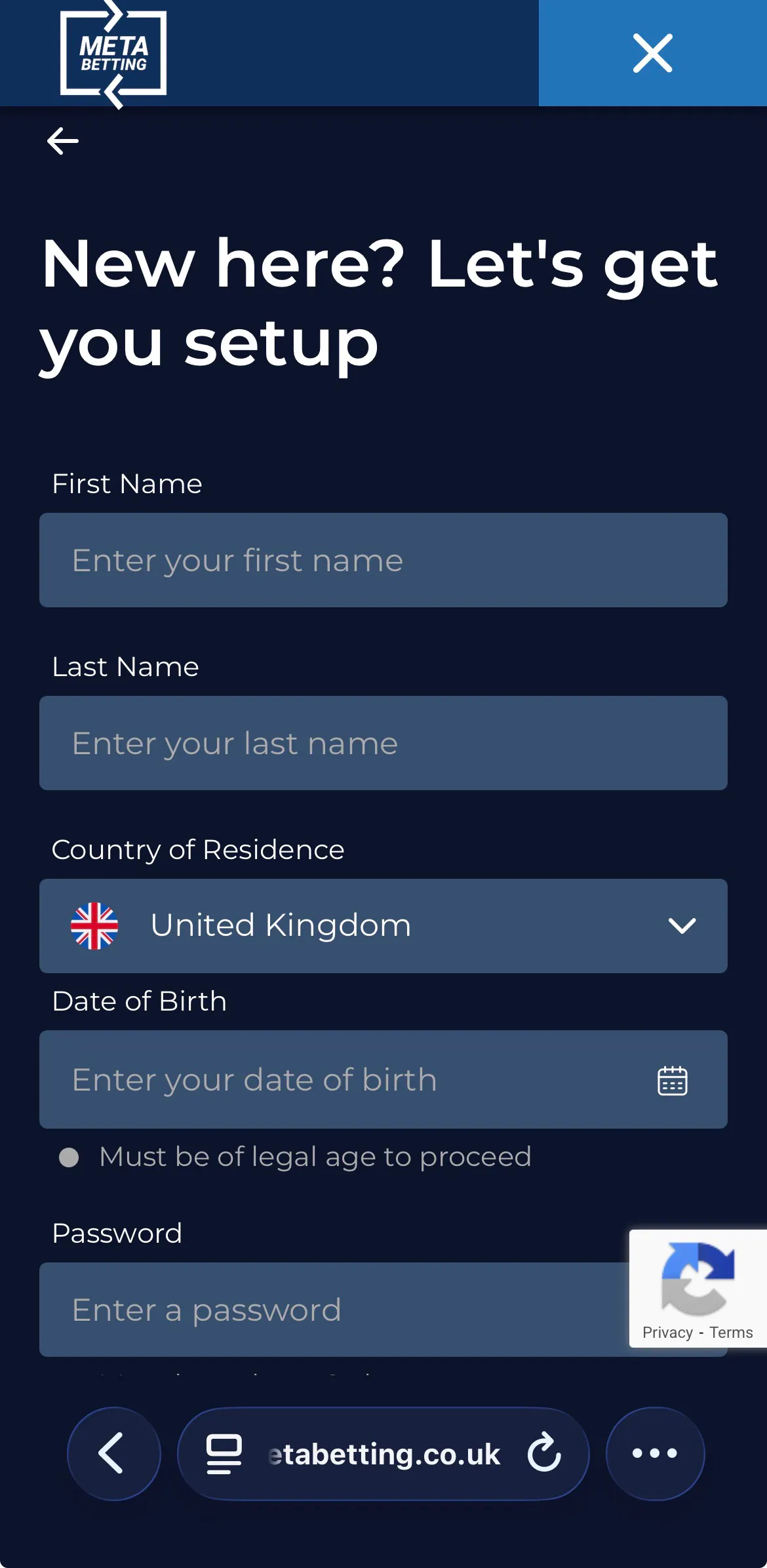 Meta Betting Registration Personal Details