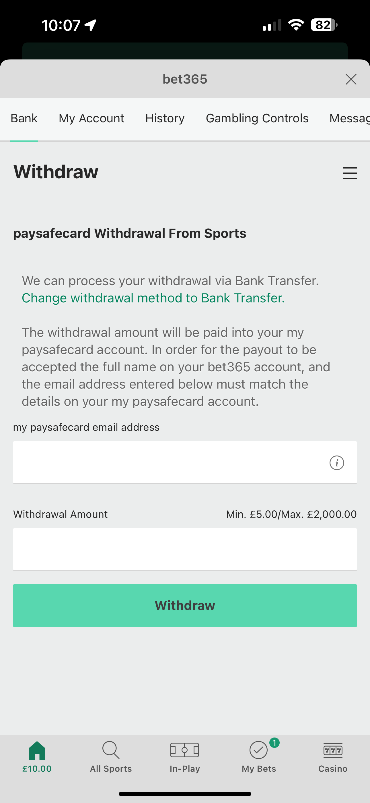 PaySafeCard Bet 365 Withdrawal