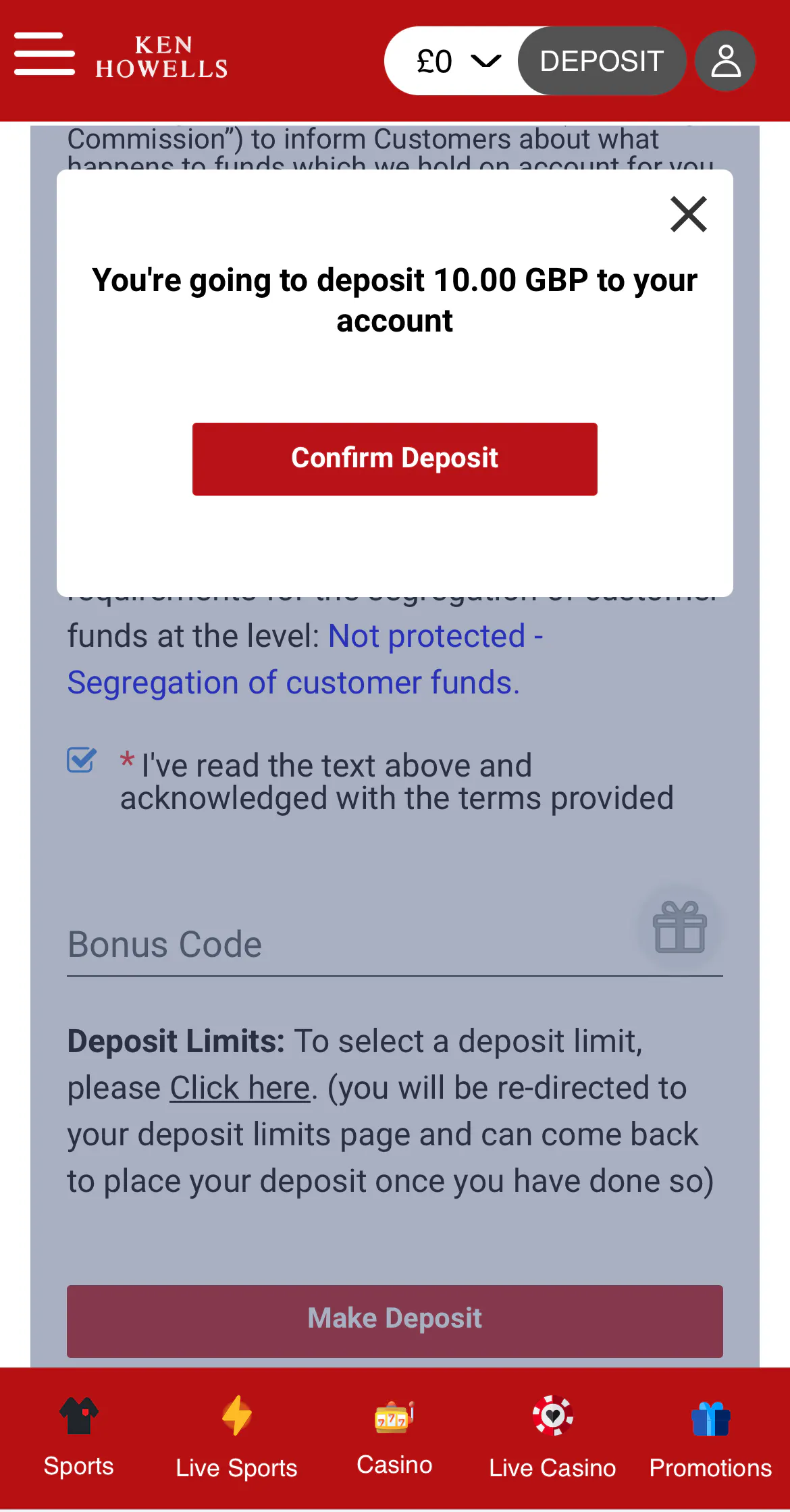 Ken Howells Deposit Confirmation