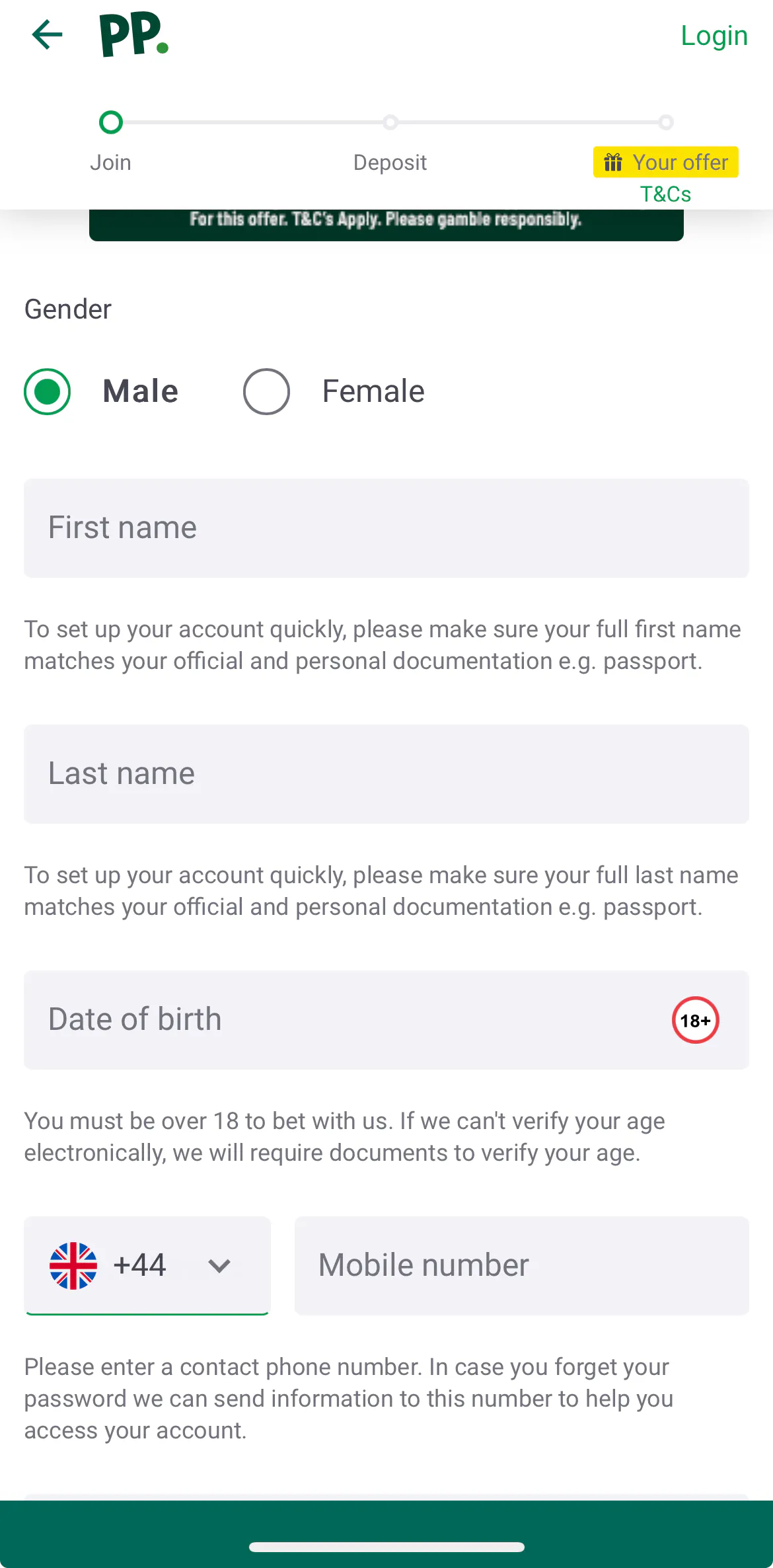 Paddy Power App - Personal Details