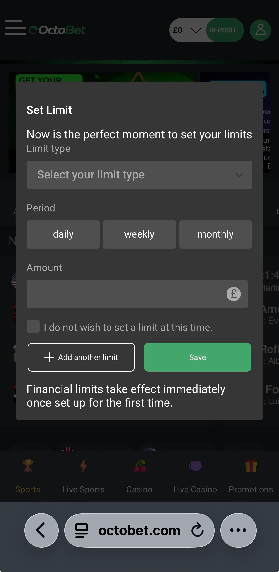 Octobet Deposit Limit - First Login