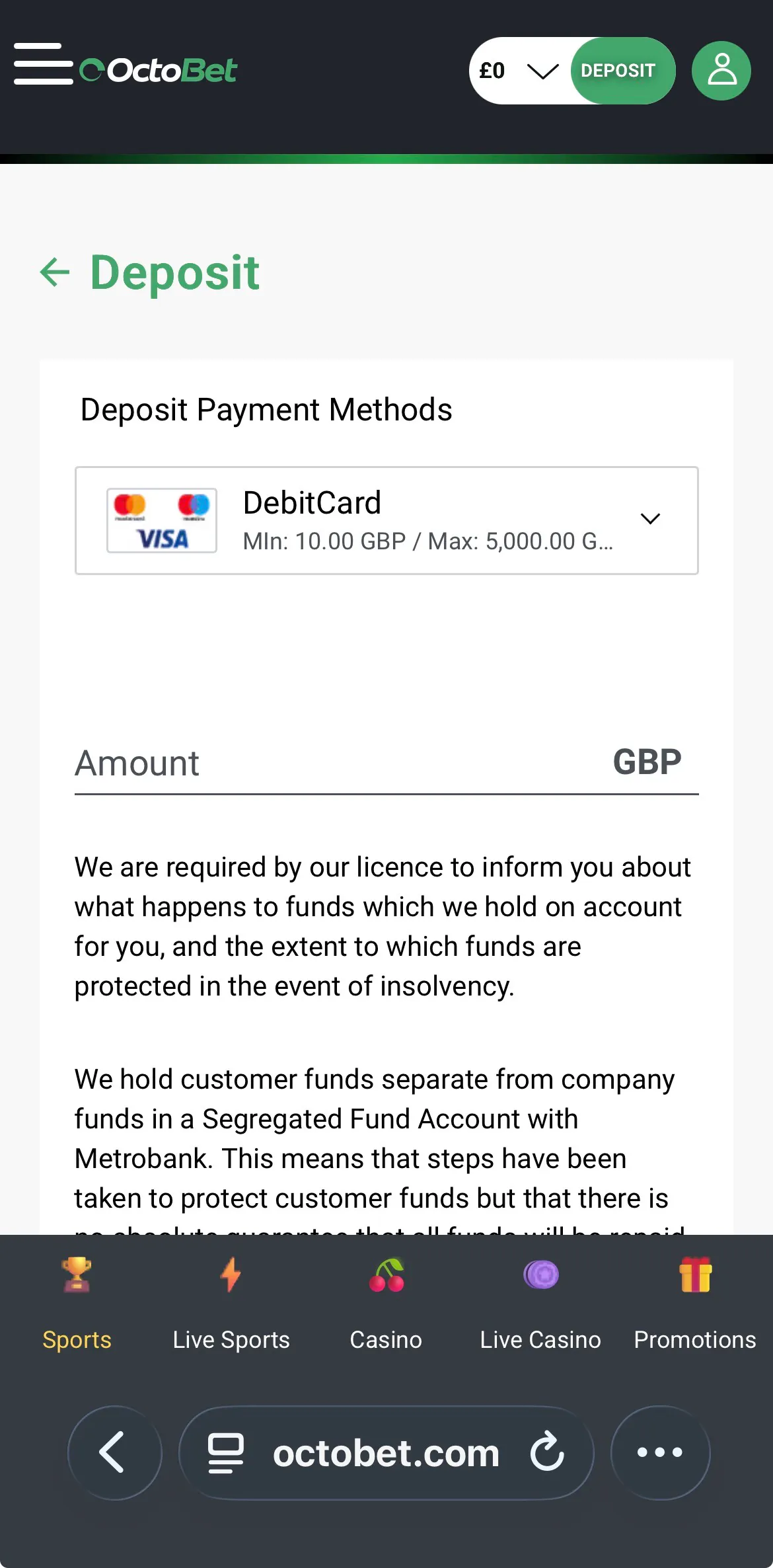 Octobet Deposit Method